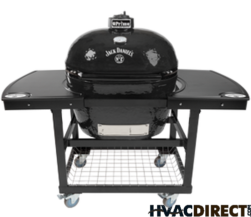Primo Jack Daniels Edition Oval XL Ceramic Kamado Grill On Steel Cart With Two-Piece Island Side Shelves